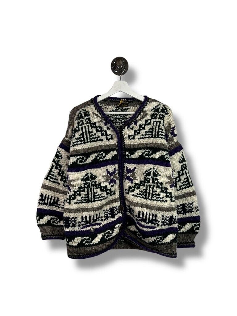 Vintage 80s Rey Wear Abstract Print 100% Wool Pocketed Cardigan Sweater Size Large