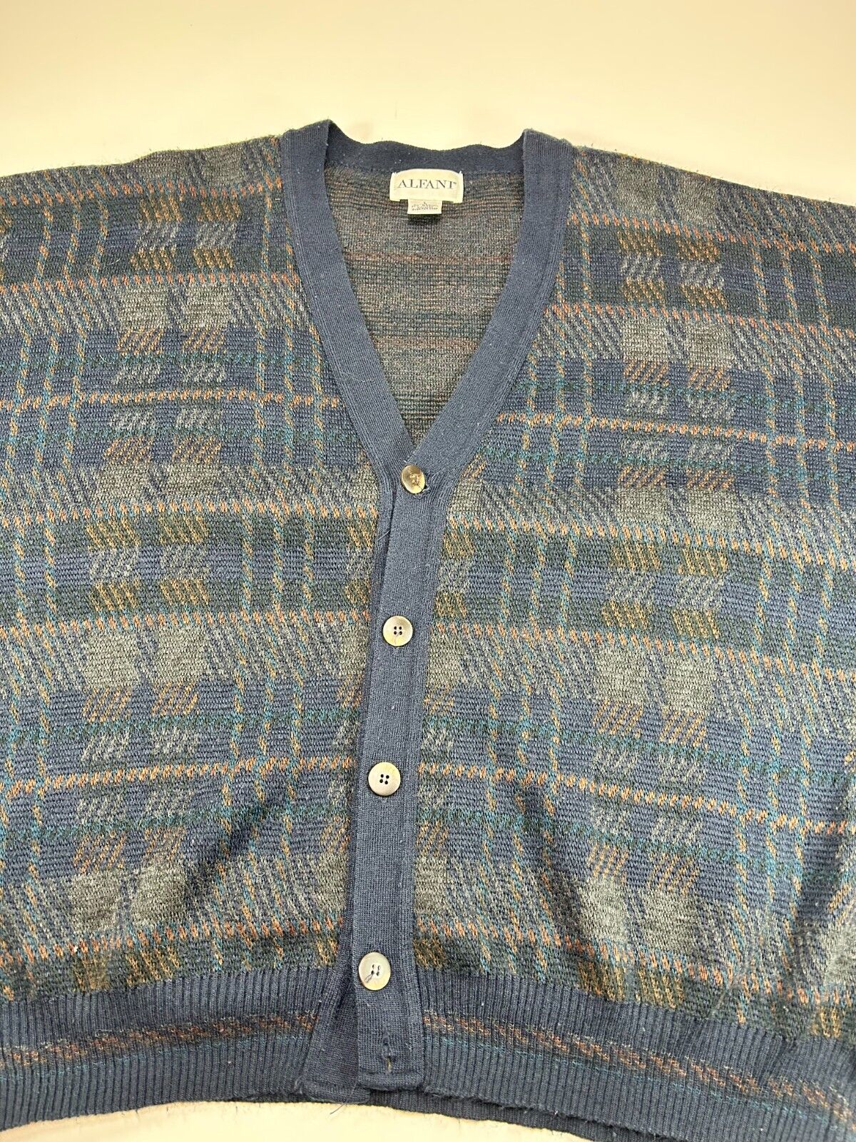 Vintage 90s Alfani Checkered Pattern Button Up Cardigan Knit Sweater Size Large
