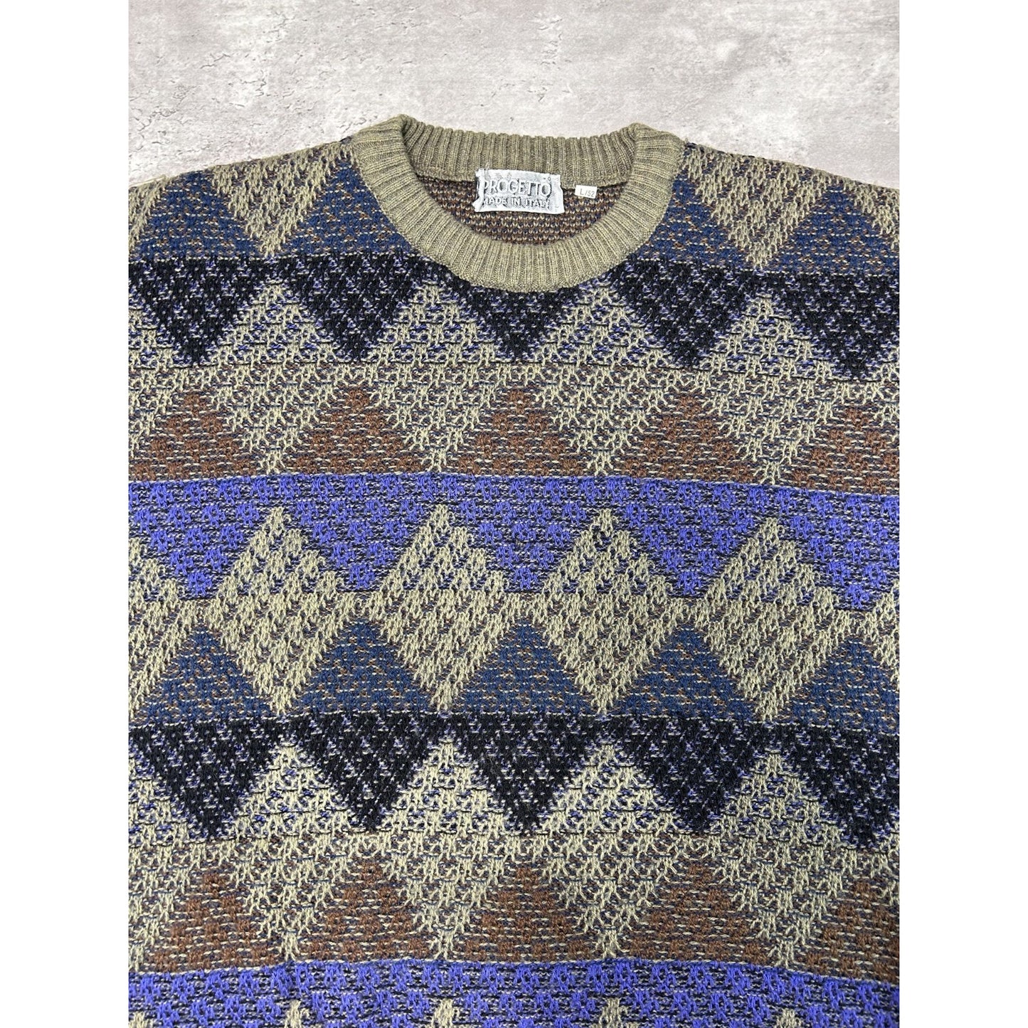Vintage 90s Progetto Diamond Print Pullover Ribbed Knit Sweater Size Large