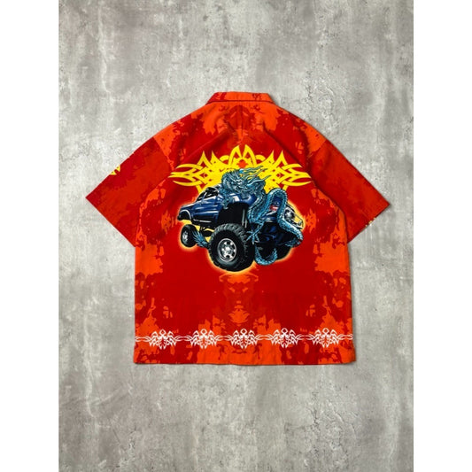 Vintage Y2K Urban Rags Tribal Truck Graphic All Over Print Button Up Shirt Sz XL