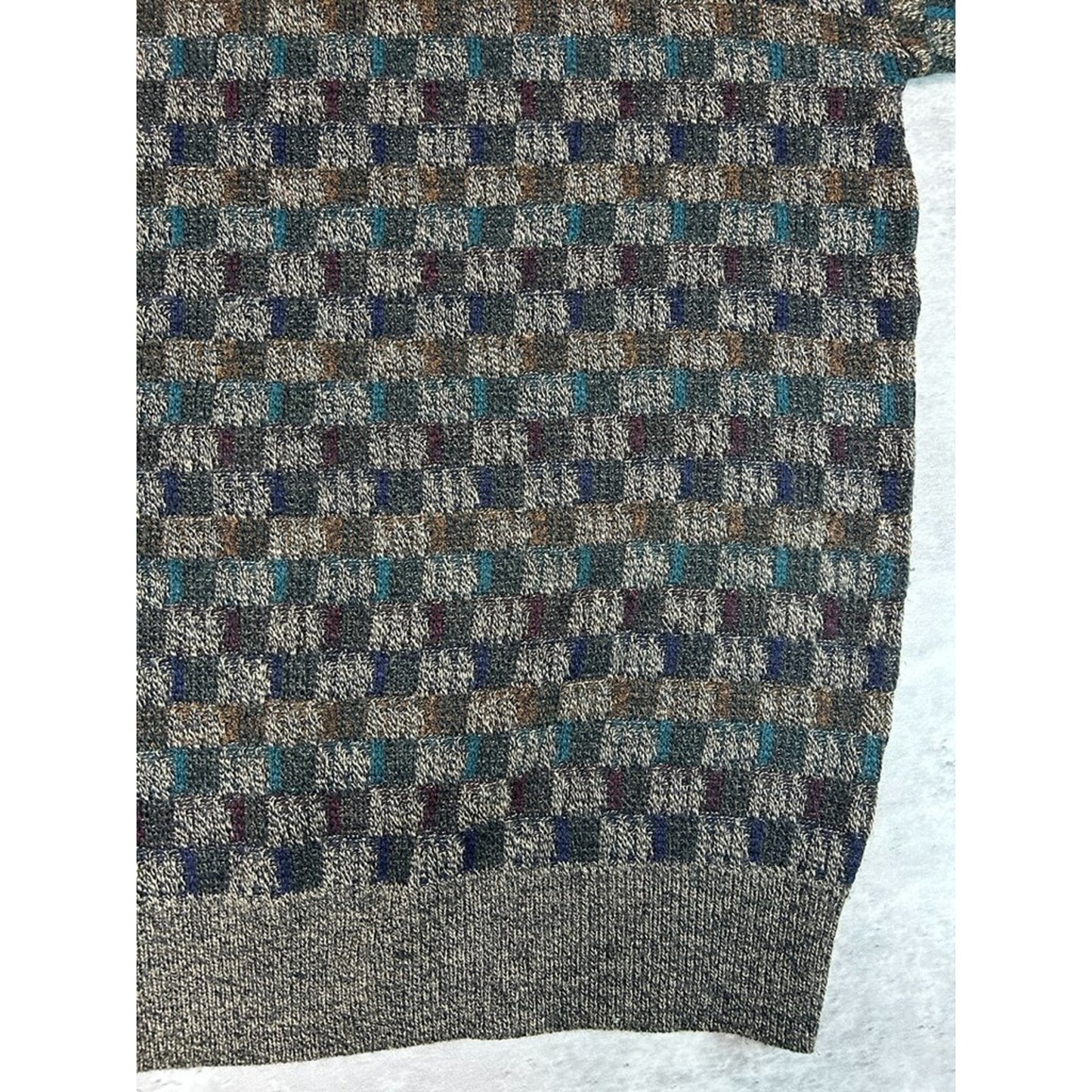 Vintage 90s Geoffrey Beene Checkered Print Earth Tone Knit Sweater Size Large
