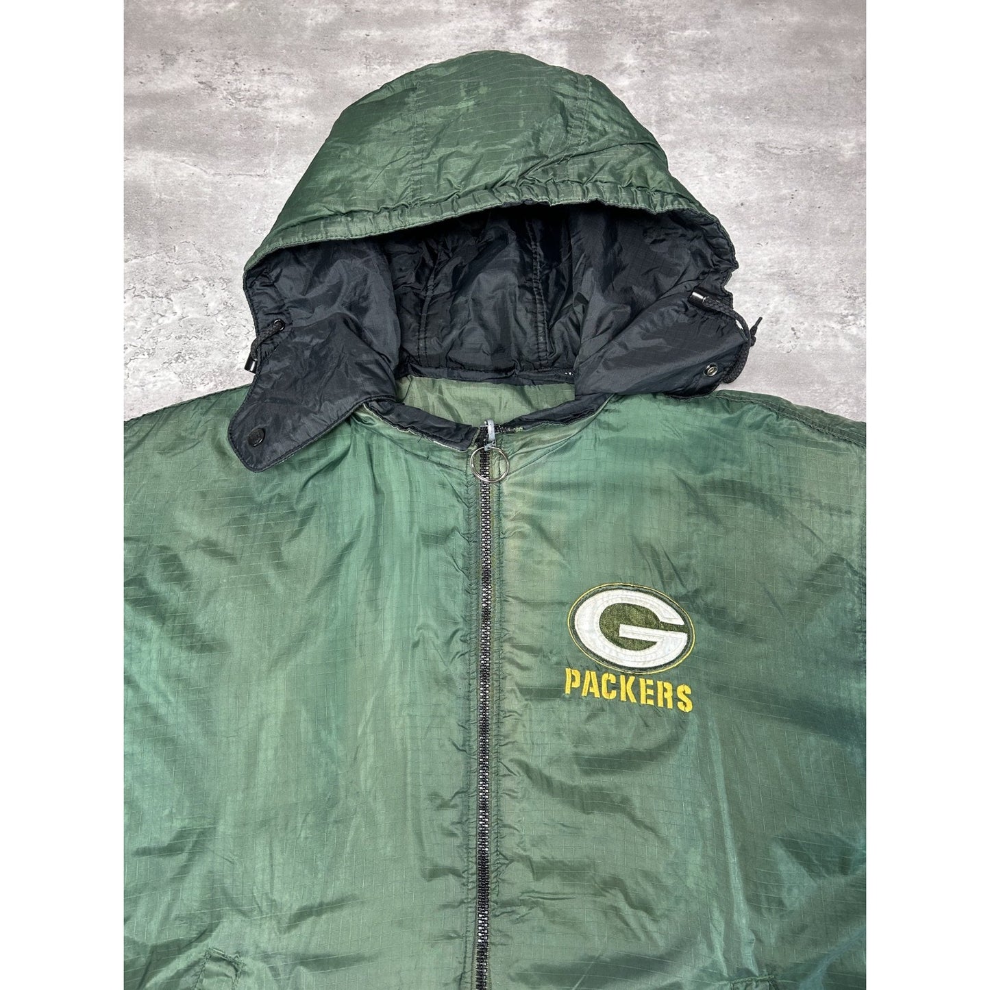 Vintage 90s Green Bay Packers NFL Insulated Full Zip Hooded Jacket Size Large