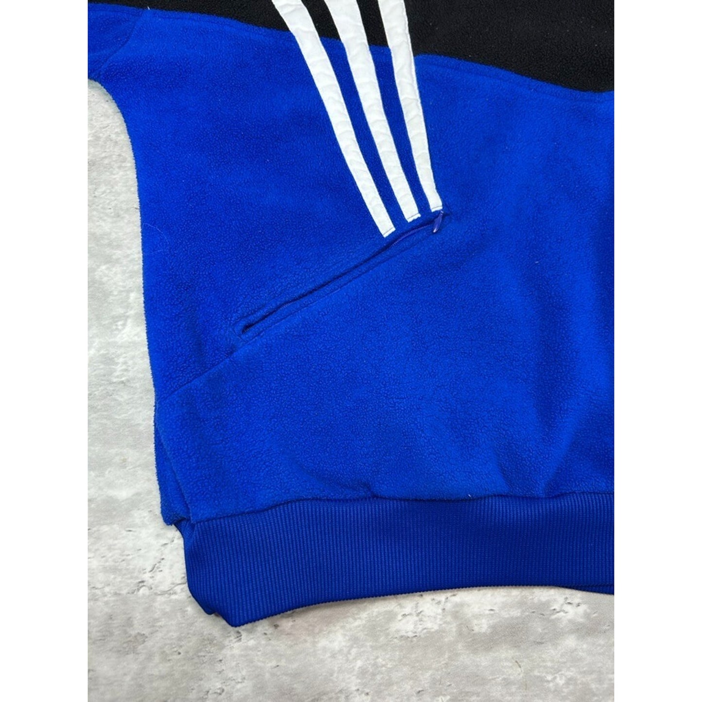 Vintage 80s Adidas Embroidered Spellout 1/4 Zip Fleece Sweatshirt Size XL Blue