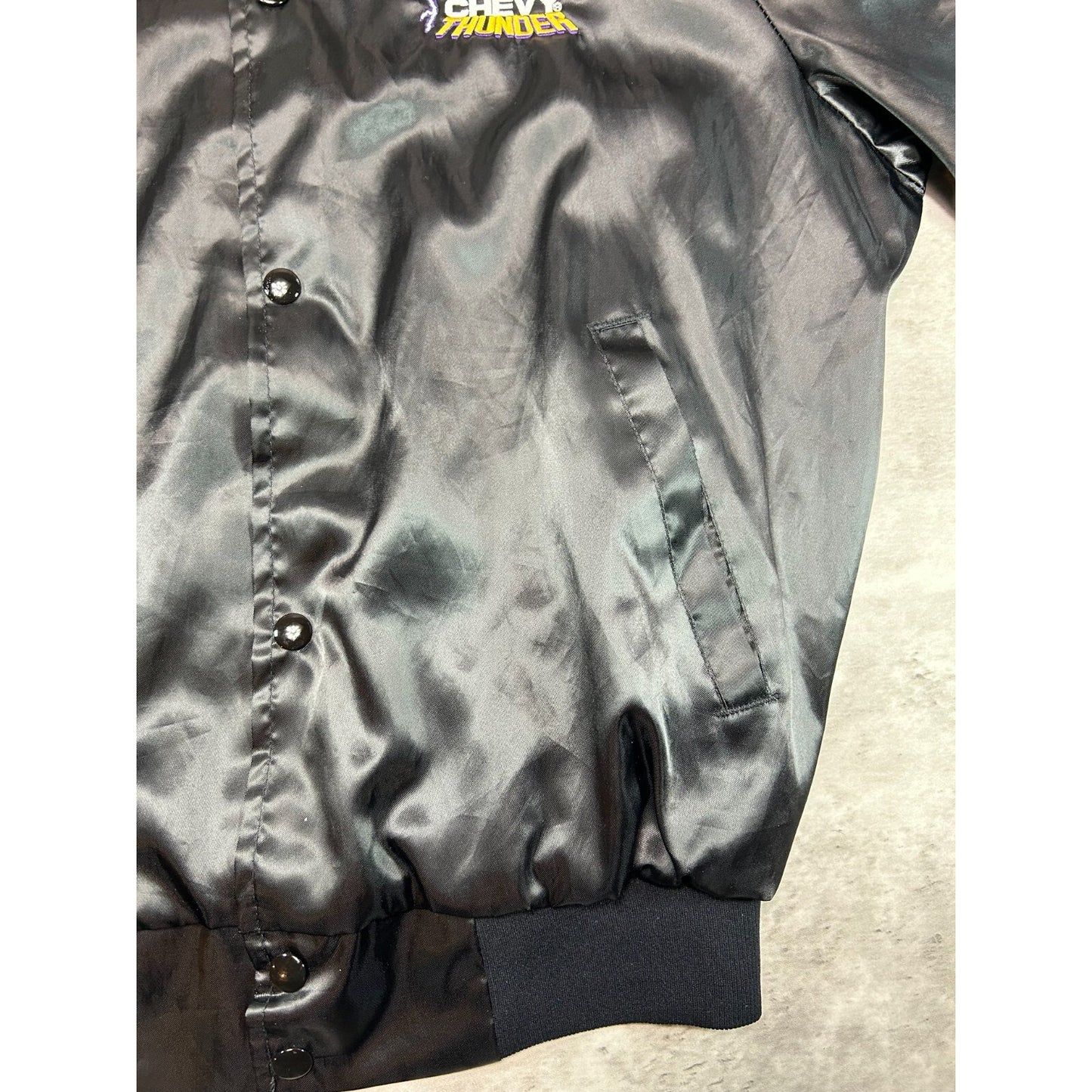 Vintage 80s Chevy Thunder Embroidered Lightning Satin Bomber Jacket Size Medium
