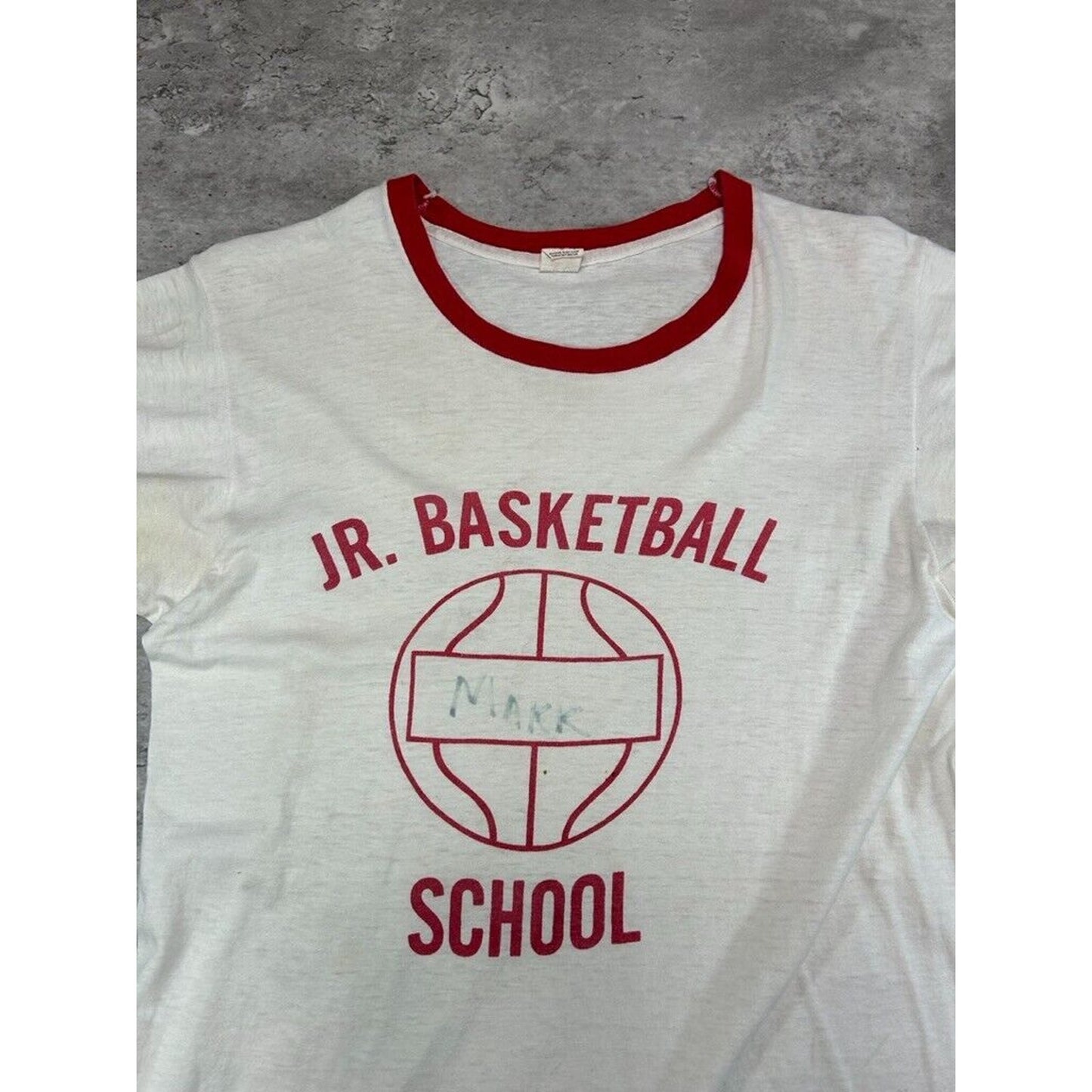 Vintage 1970 Jr Basketball School Graphic Spell Out Ringer T-Shirt Size Medium
