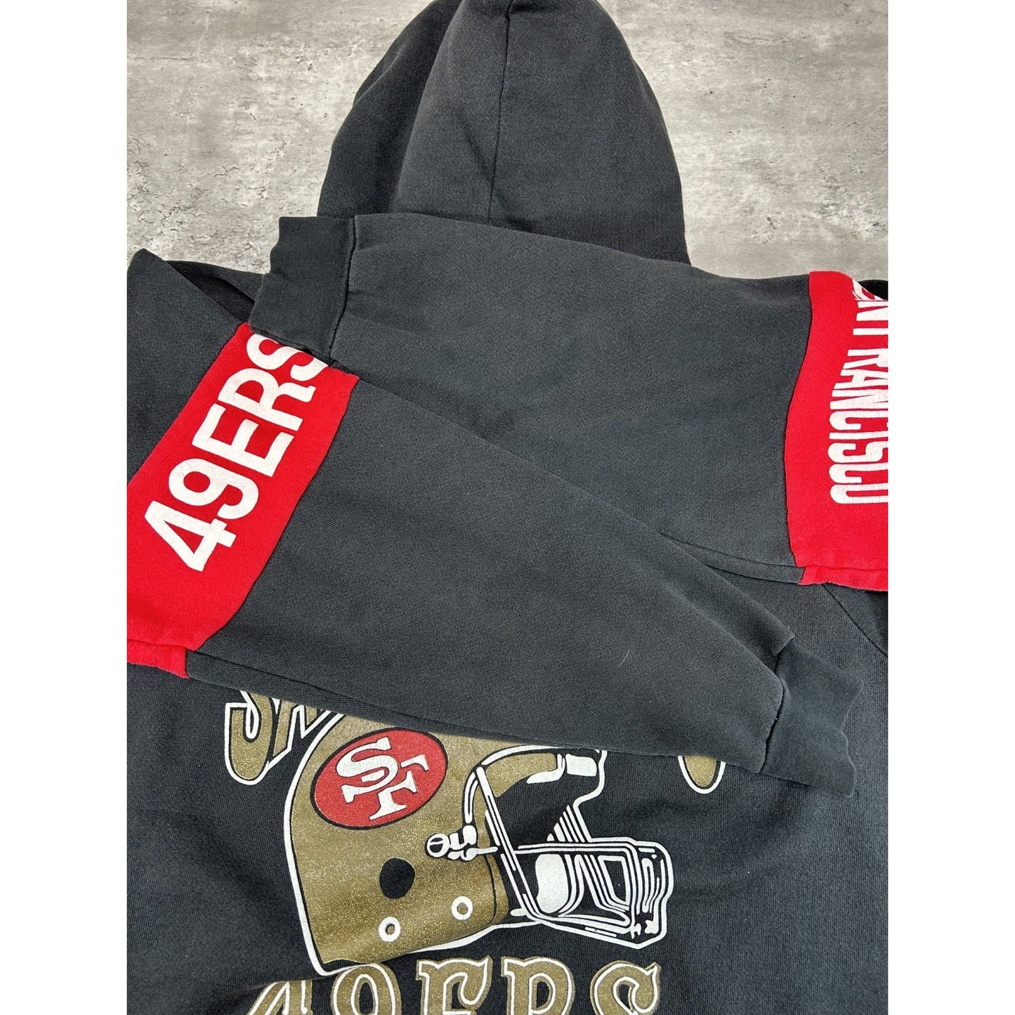 Vintage 90s San Francisco 49ers NFL Helmet Graphic Hooded Sweatshirt Size XL