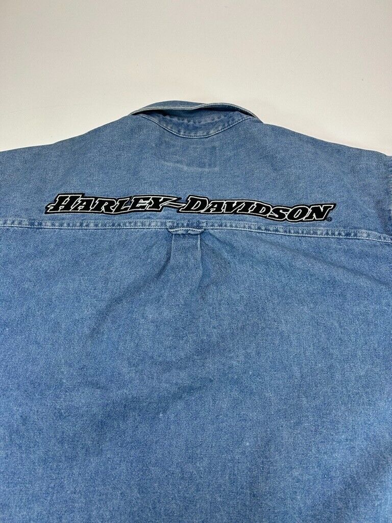 Harley Davidson Embroidered Denim Long Sleeve Button Up Shirt Size XLT Blue
