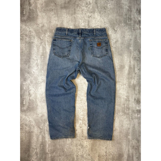 Carhartt Plaid Lined Medium Wash Denim Workwear Pants Size 37