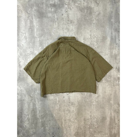 Vintage Canyon Plaid Print Short Sleeve Reworked Cropped Button Up Shirt Size XL