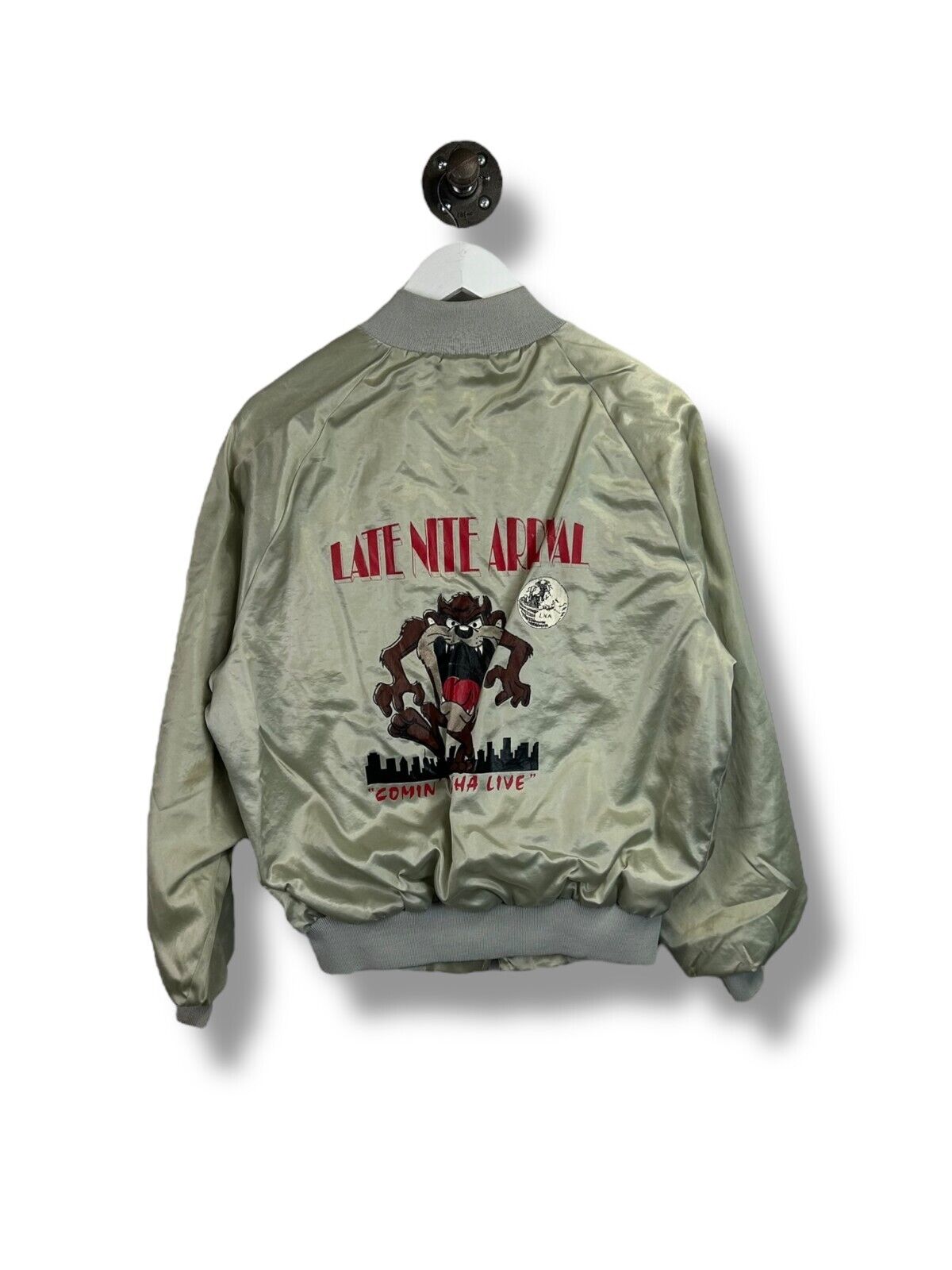 Vintage 70s/80s Looney Tunes Taz Satin Full Zip Bomber Jacket Size Medium Gray