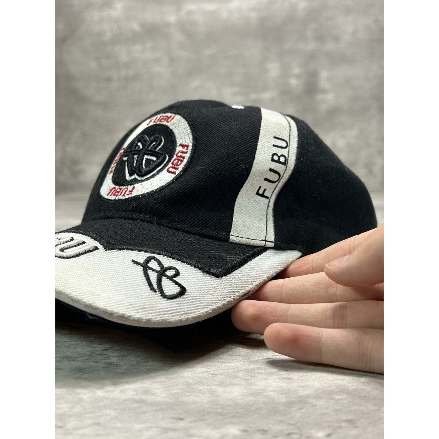 Vintage Y2K Fubu Embroidered Spellout Two Tone Strapback Hat OSFA Black/White
