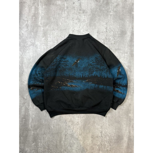Vintage 90s Bald Eagle Nature Graphic All Over Print 1/4 Button Sweatshirt Sz L