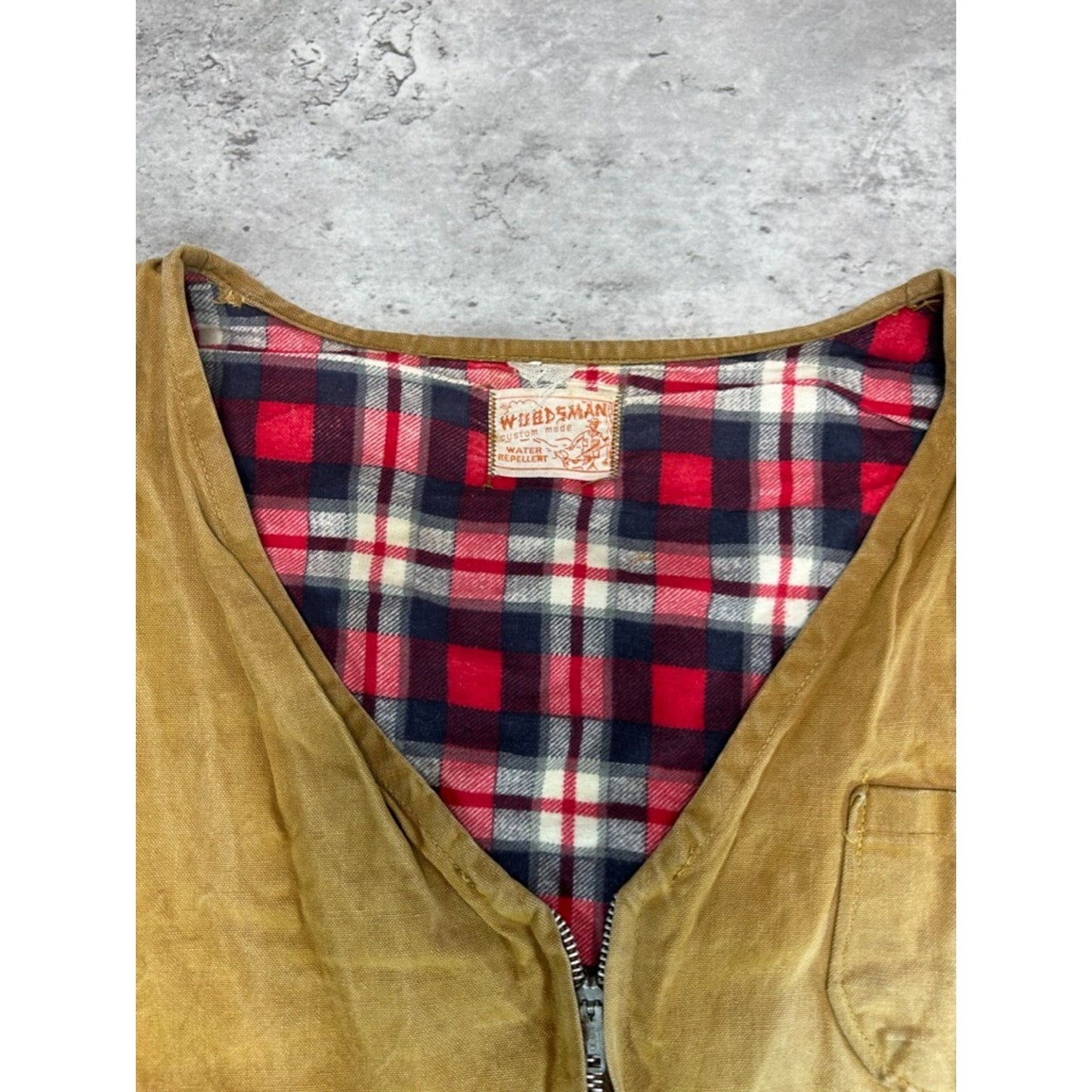 Vintage 1950s Woodsman Canvas 1/2 Plaid Lined Hunting Vest Size Large