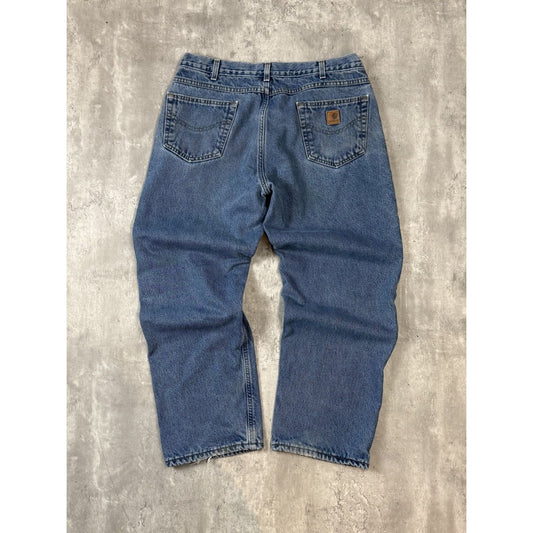 Vintage Carhartt Relaxed Fit Plaid Lined Medium Wash Workwear Denim Pants Sz 37W