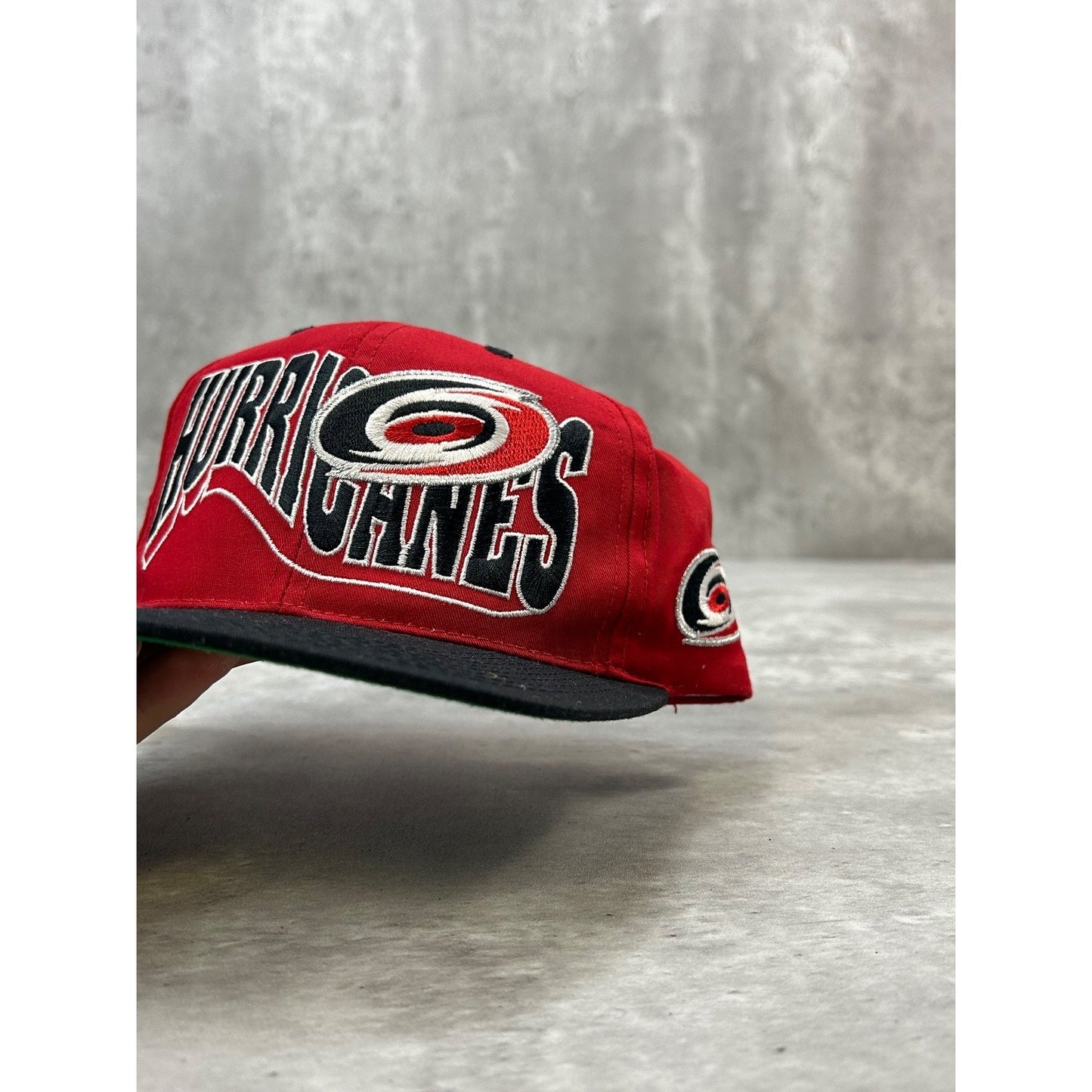 Vintage 90s Carolina Hurricanes NHL Embroidered Wave Spellout Snapback Hat OSFA