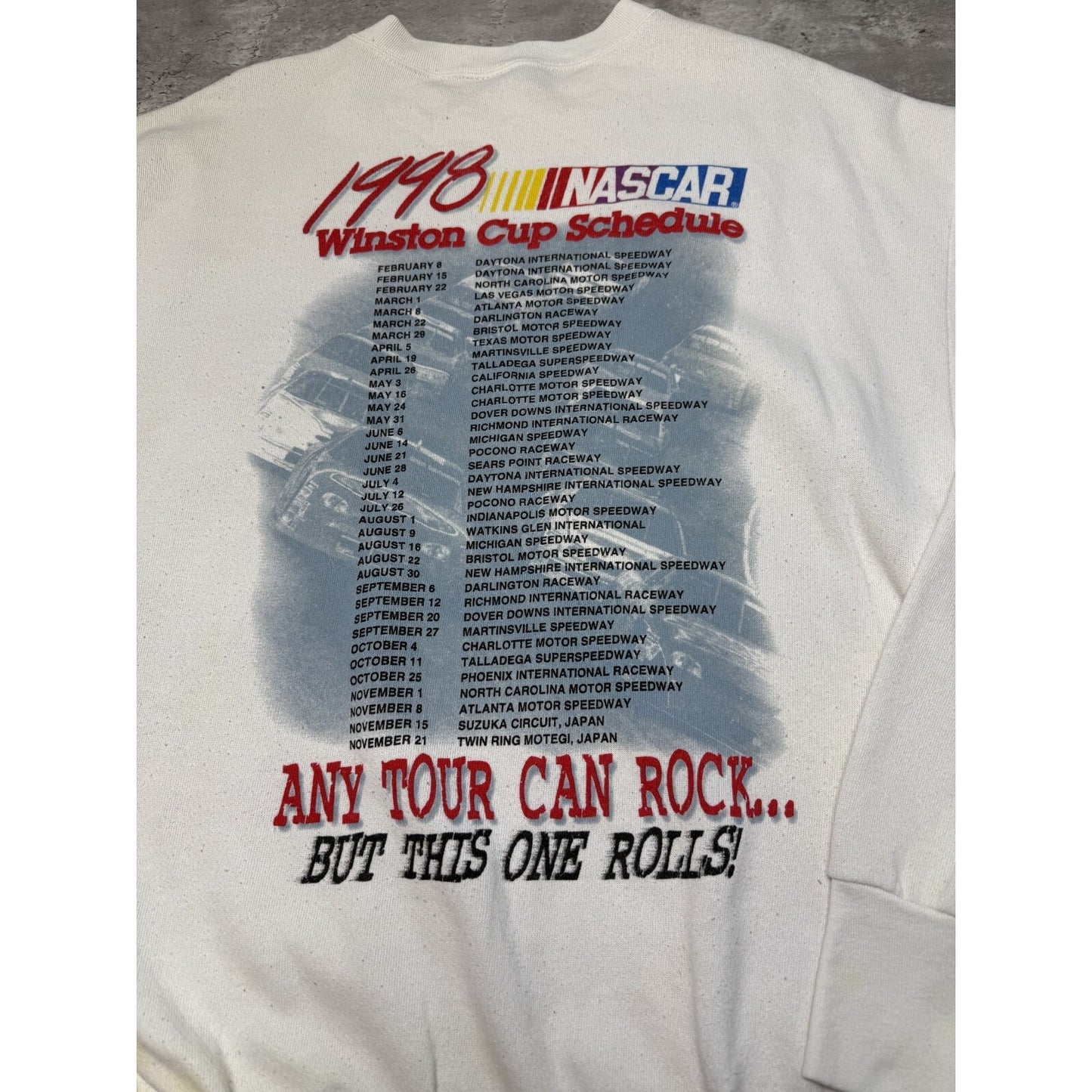 Vintage 1998 Nascar Rolling On Tour Big Graphic Sweatshirt Size XL White
