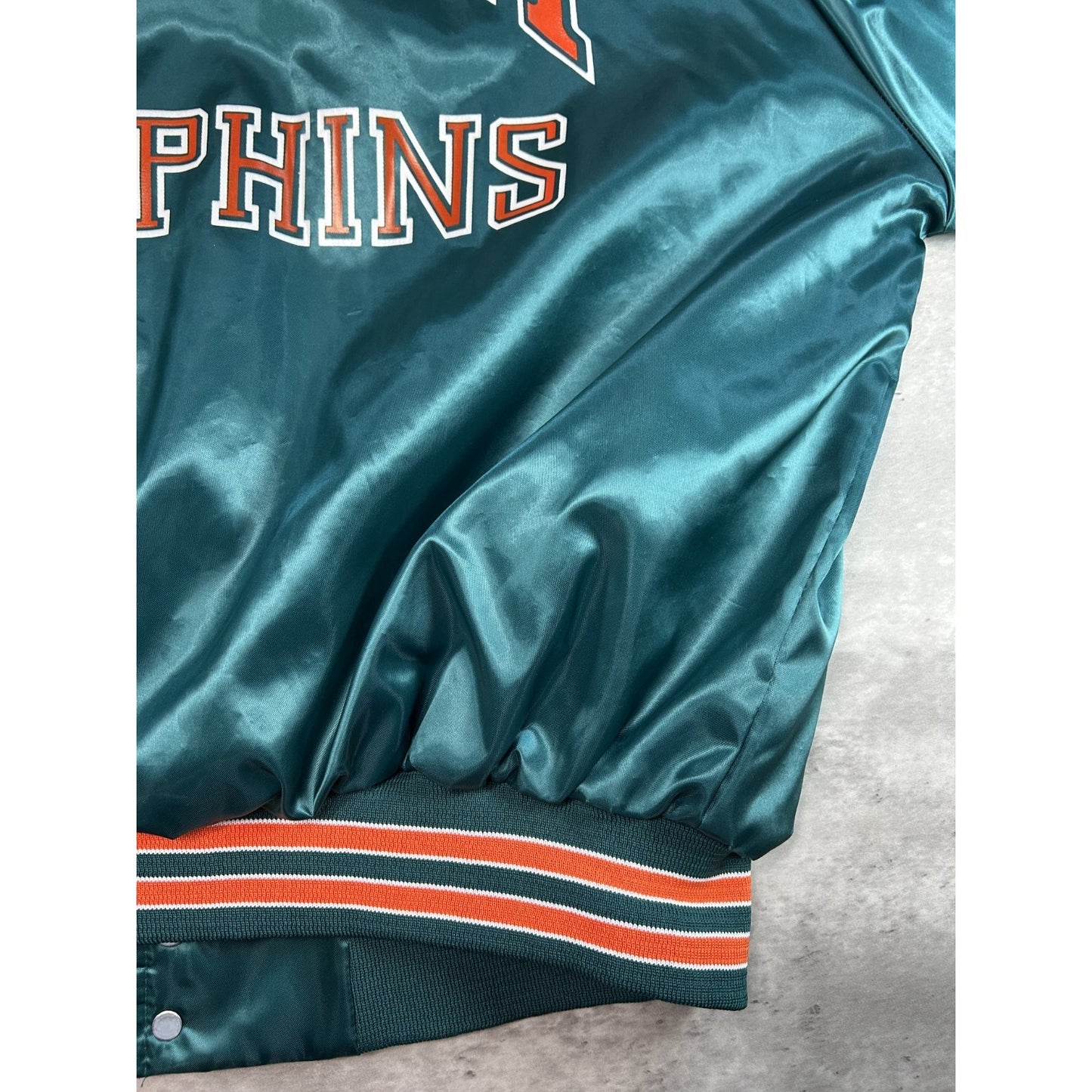 Vintage 80s Miami Dolphins NFL Satin Chalk Line Bomber Jacket Size XL