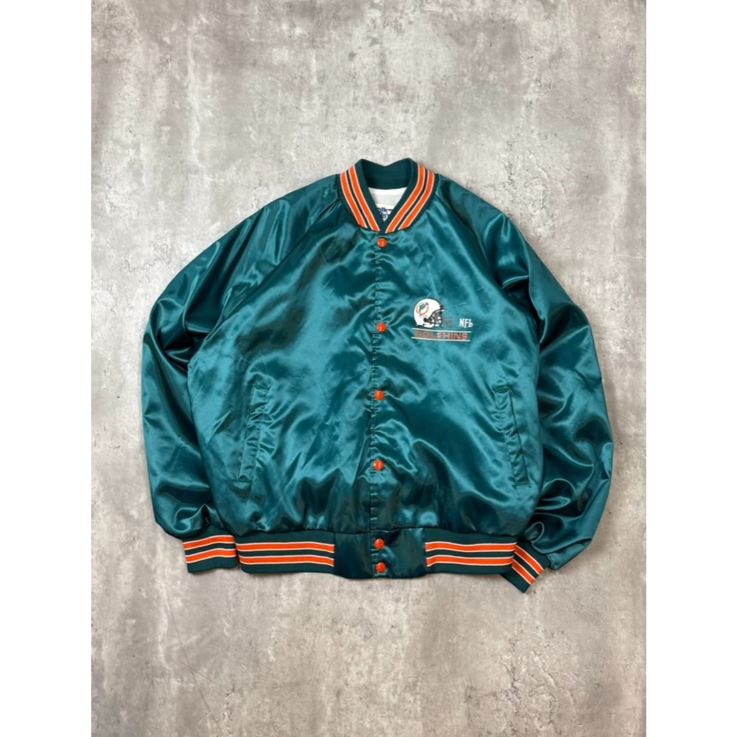 Vintage 80s Miami Dolphins NFL Satin Chalk Line Bomber Jacket Size XL