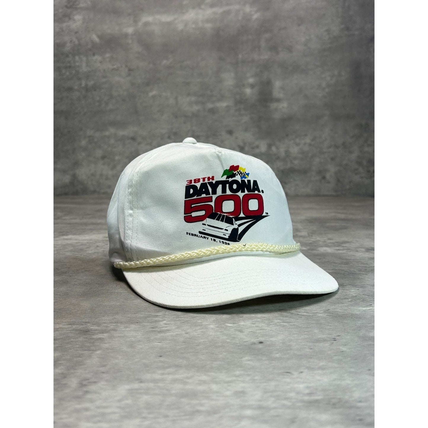 Vintage 1996 Daytona 500 Graphic Spellout Nascar Snapback Hat OSFA White