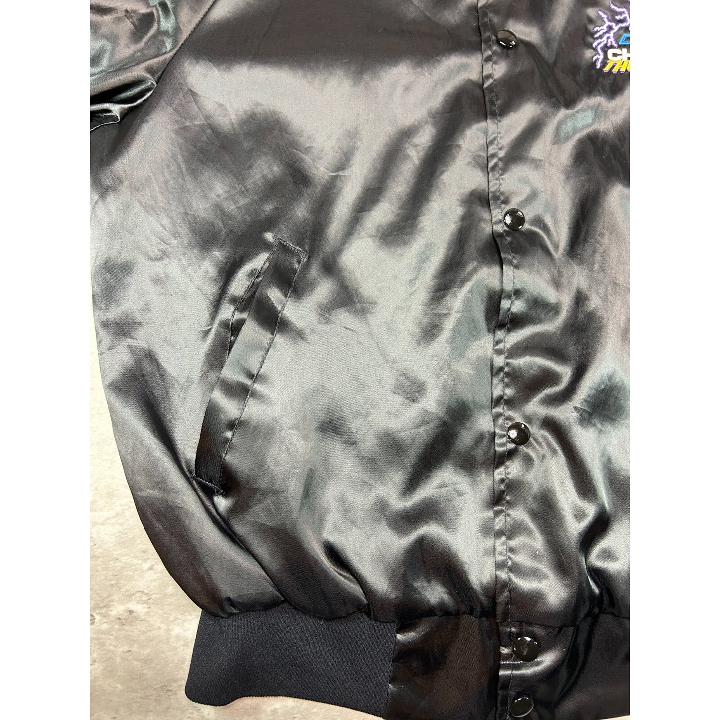 Vintage 80s Chevy Thunder Embroidered Lightning Satin Bomber Jacket Size Medium