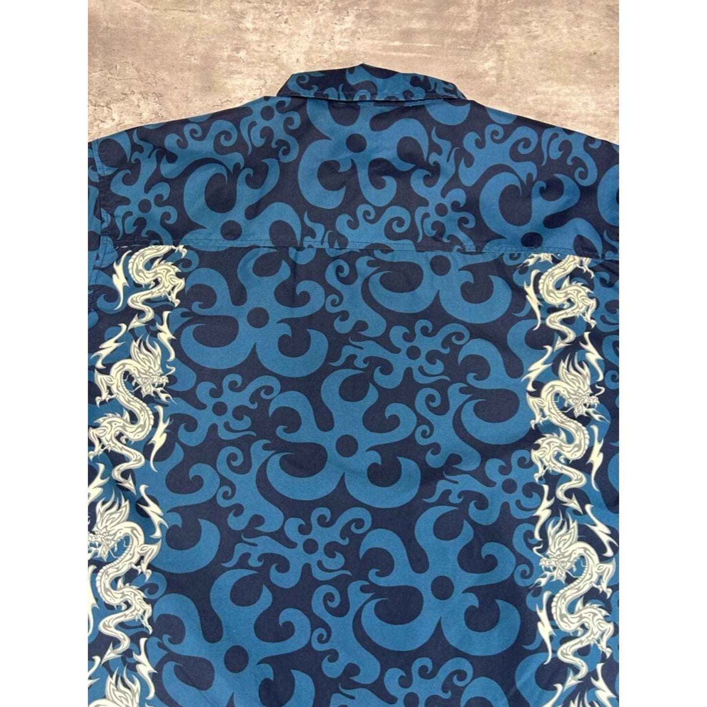 Vintage Y2K Tribal All Over Print Short Sleeve Button Up Shirt Size XL Blue