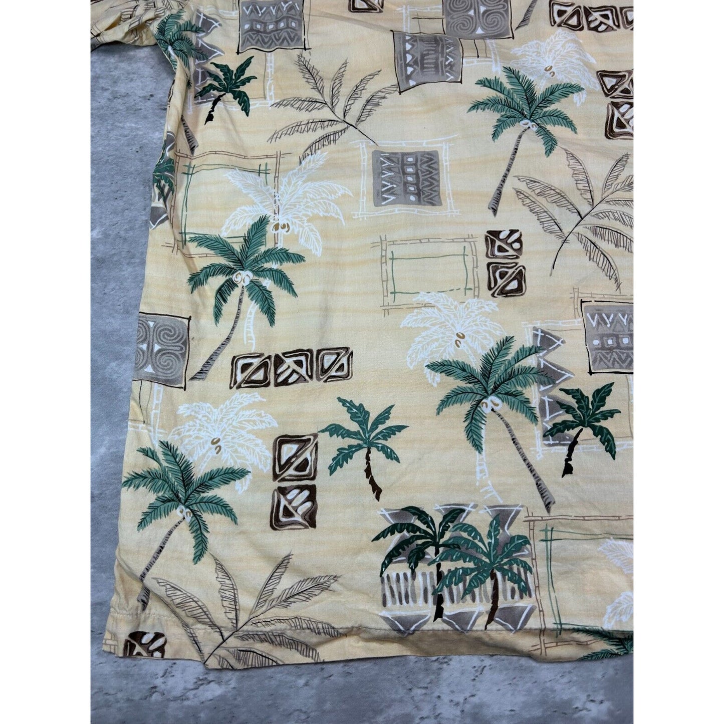 Vintage Palm Tree Pattern Print Short Sleeve Button Up Shirt Size XL Yellow