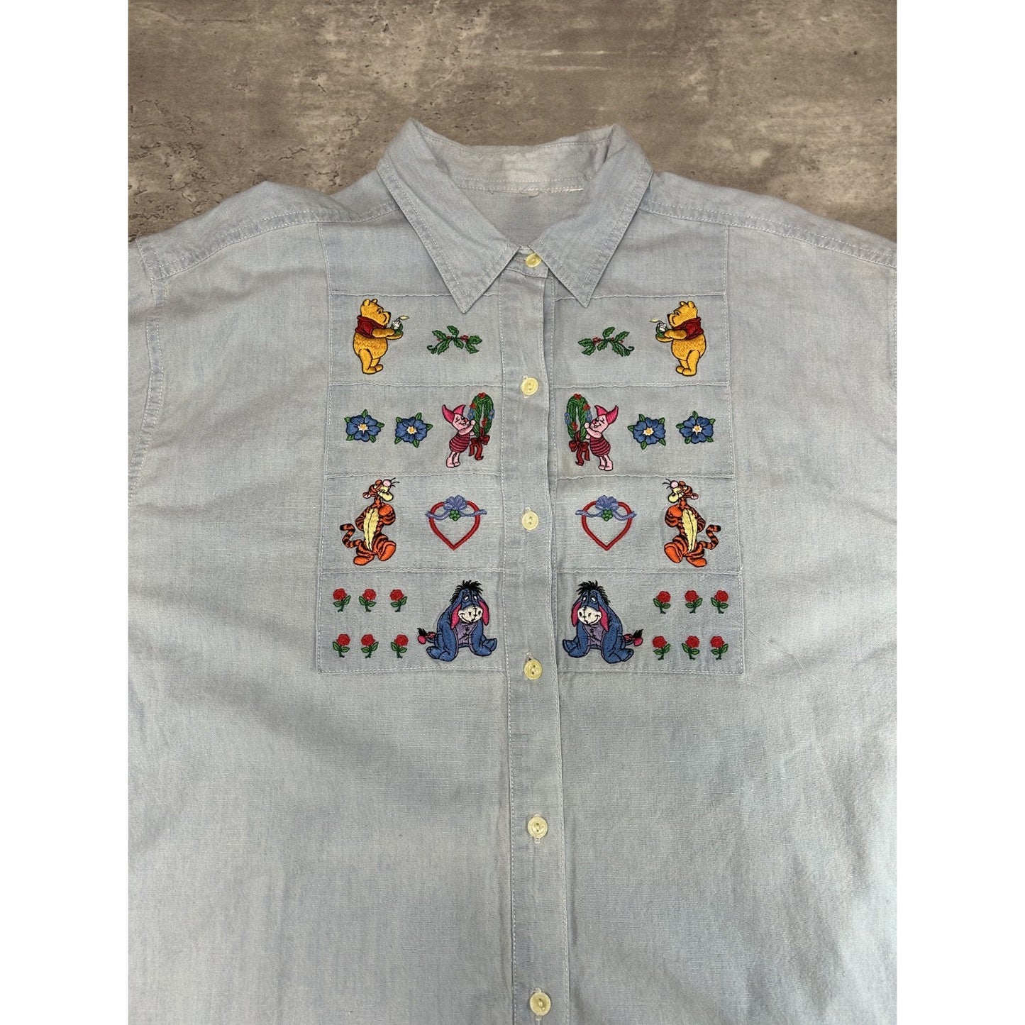 Vintage 90s Winnie The Pooh Embroidered Cartoon Denim Button Up Shirt Size Large