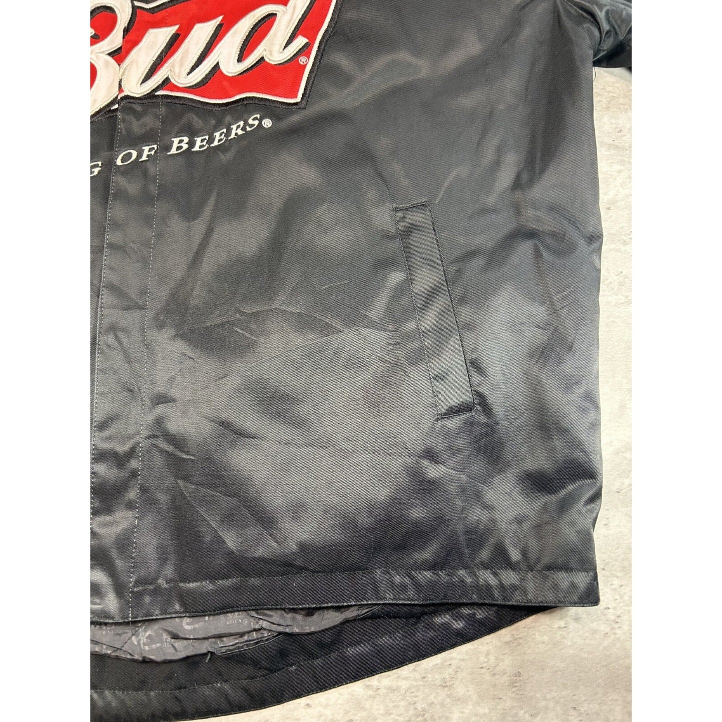 Vintage Nascar Budweiser King Of Beers Embroidered Racing Jacket Size 3XL Black