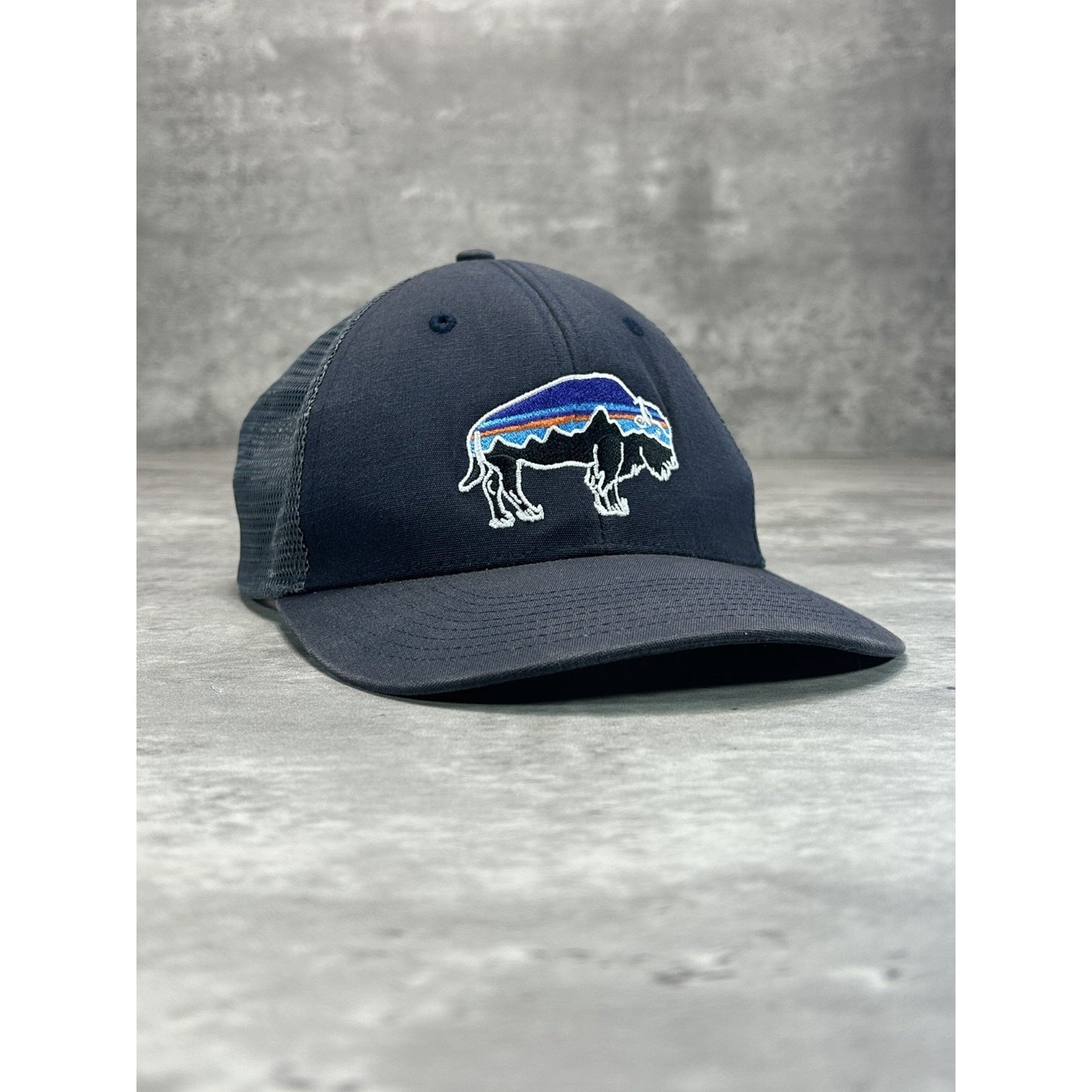 Patagonia Embroidered Bison Logo Trucker Snapback Hat OSFA Gray