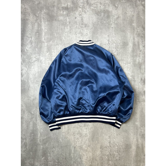 Vintage 80s Buick Embroidered Patch Satin Bomber Jacket Size Large Blue