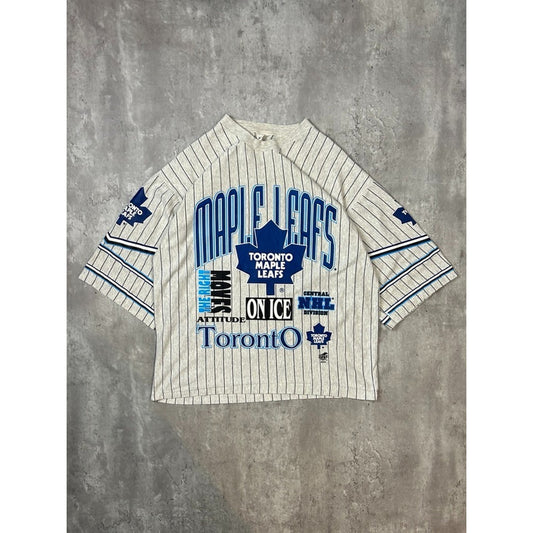 VTG 90s Toronto Maple Leafs NHL Pinstripe All Over Print 3/4 Sleeve T-Shirt Lg