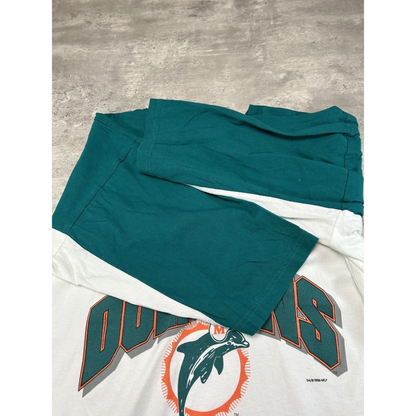 Vintage 1996 Miami Dolphins NFL Jersey Style Spellout 3/4 Sleeve T-Shirt Size XL