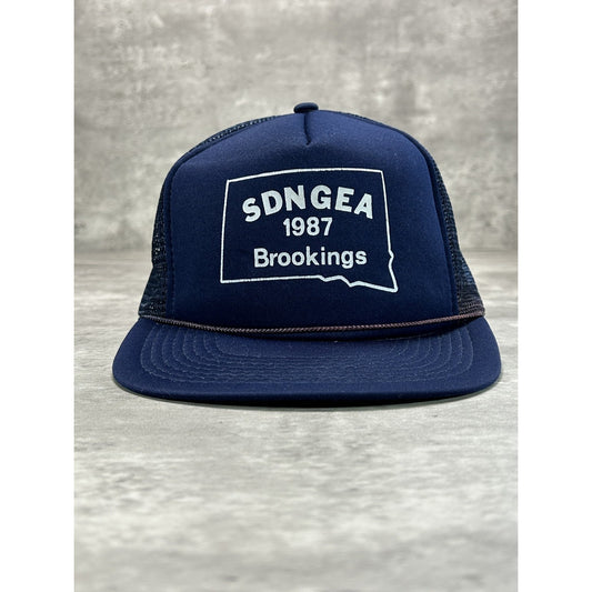 Vintage 80s SDNGEA Brookings Graphic Logo Trucker Snapback Hat OSFA Blue