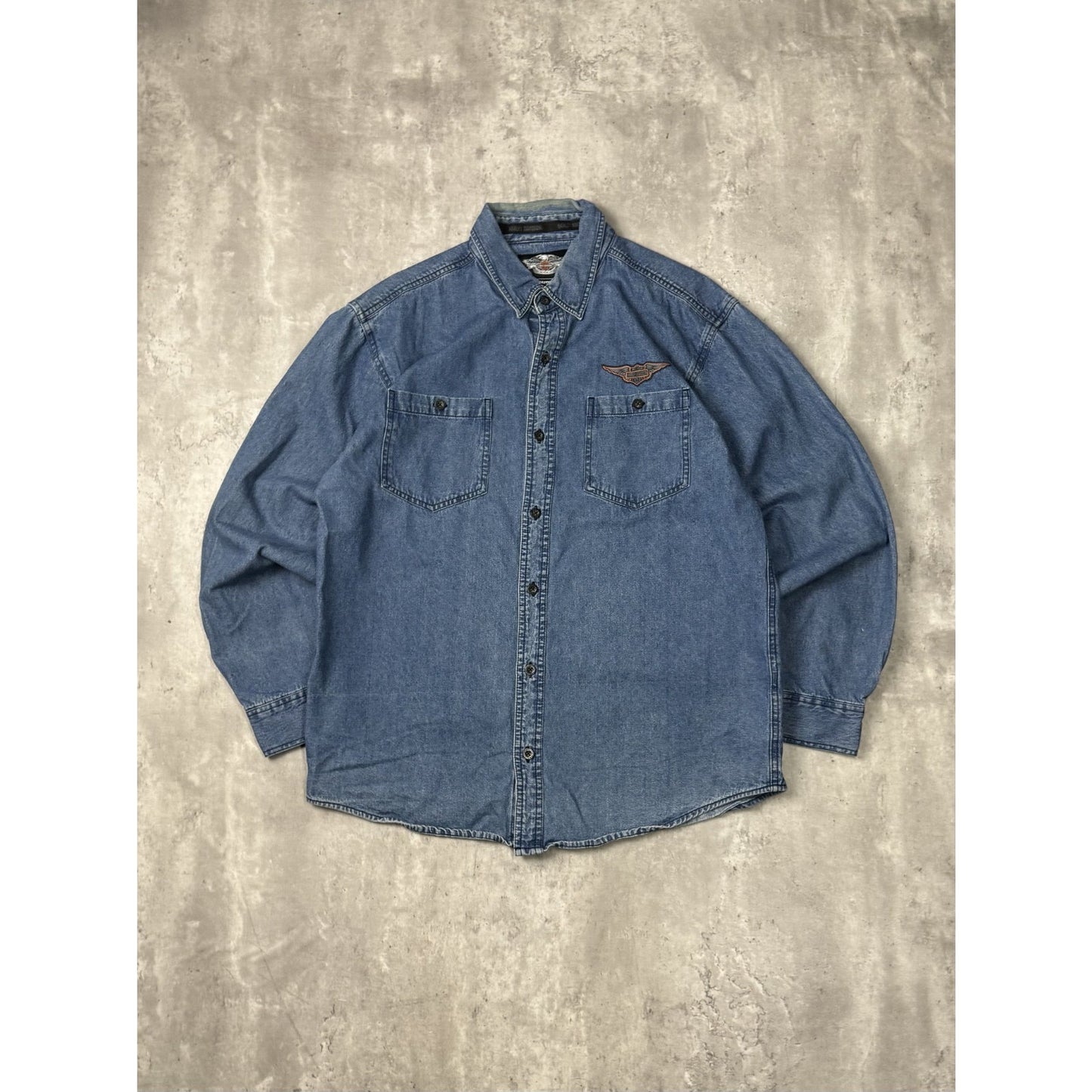 Vintage Y2K Harley Davidson Graphic Logo Denim Button Up Shirt Size Large Blue