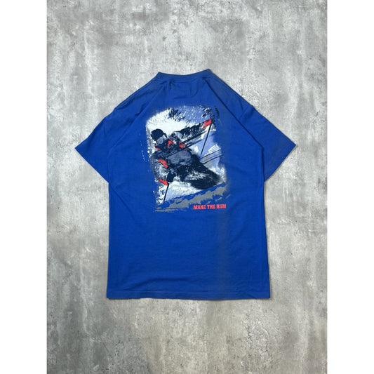Vintage 90s Make The Run Skiing Graphic T-Shirt Size Large Blue
