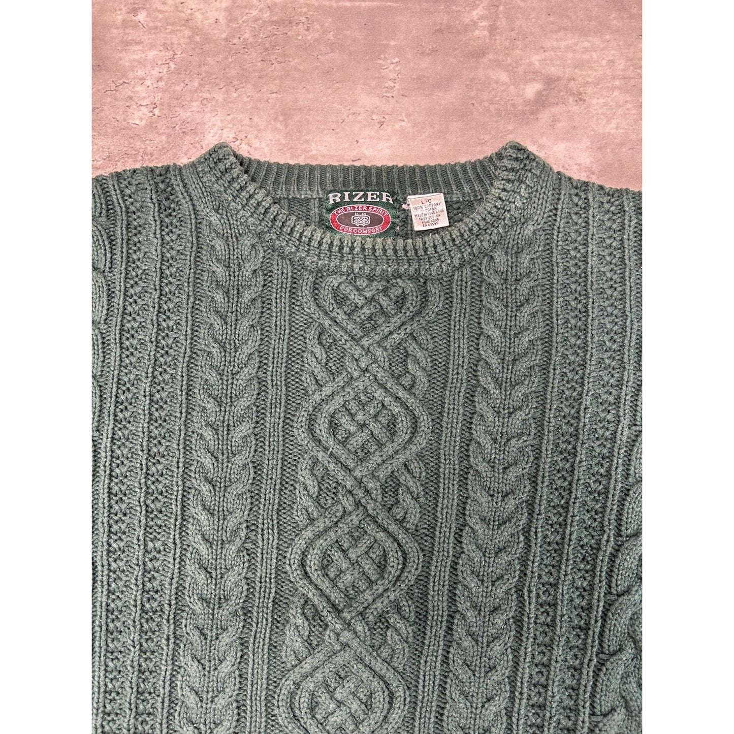 Vintage 80s/90s Rizer Cable Knit Pullover Sweater Size Large Green