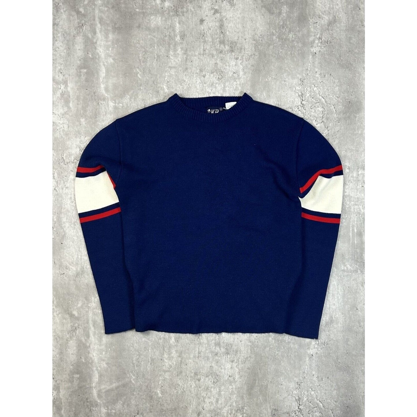 Vintage 90s KP Striped Crewneck Pullover Knit Sweater Size Medium Blue