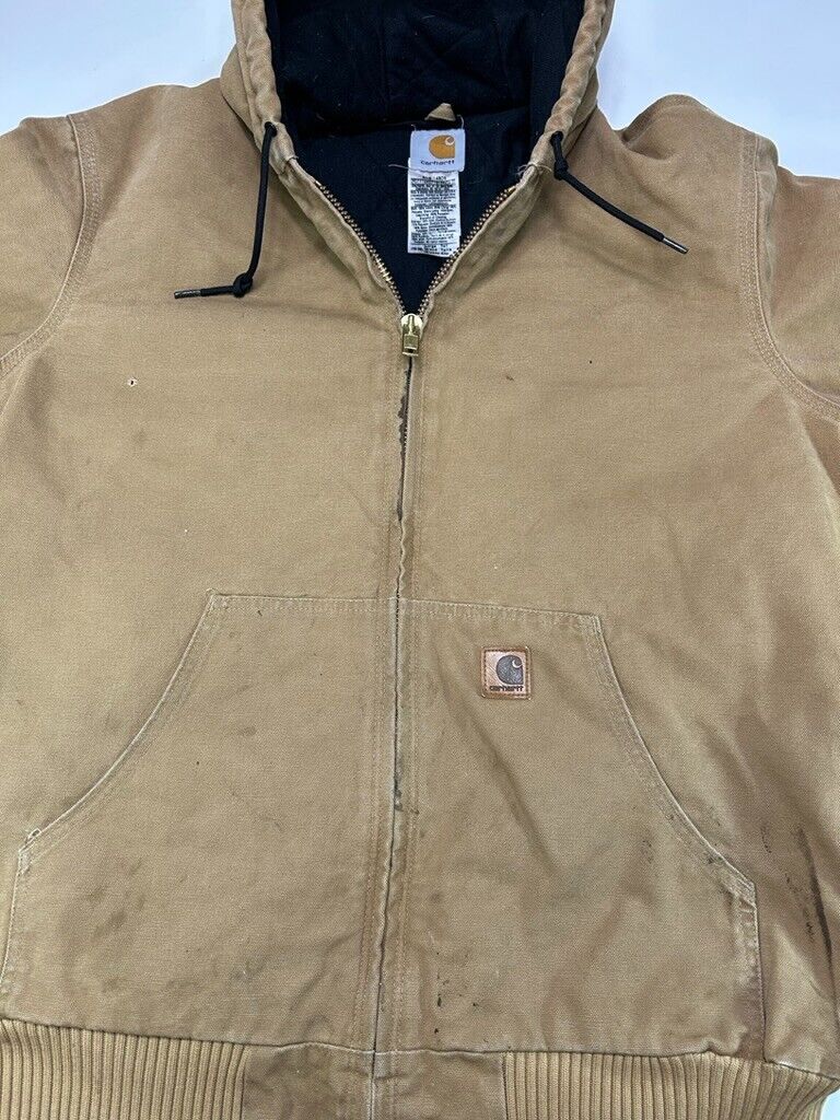 Vintage Carhartt Plaid Lined Canvas Workwear Hooded Bomber Jacket Size Large Tall