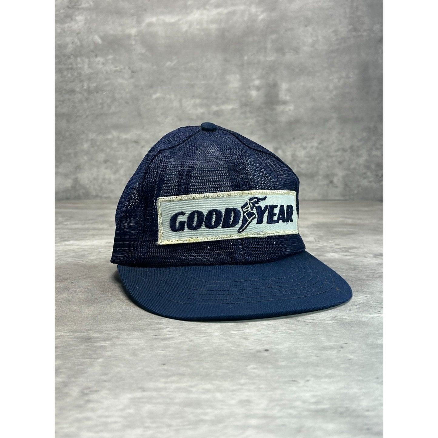 Vintage 80s Goodyear Embroidered Patch Mesh Snapback Hat OSFA Navy Blue