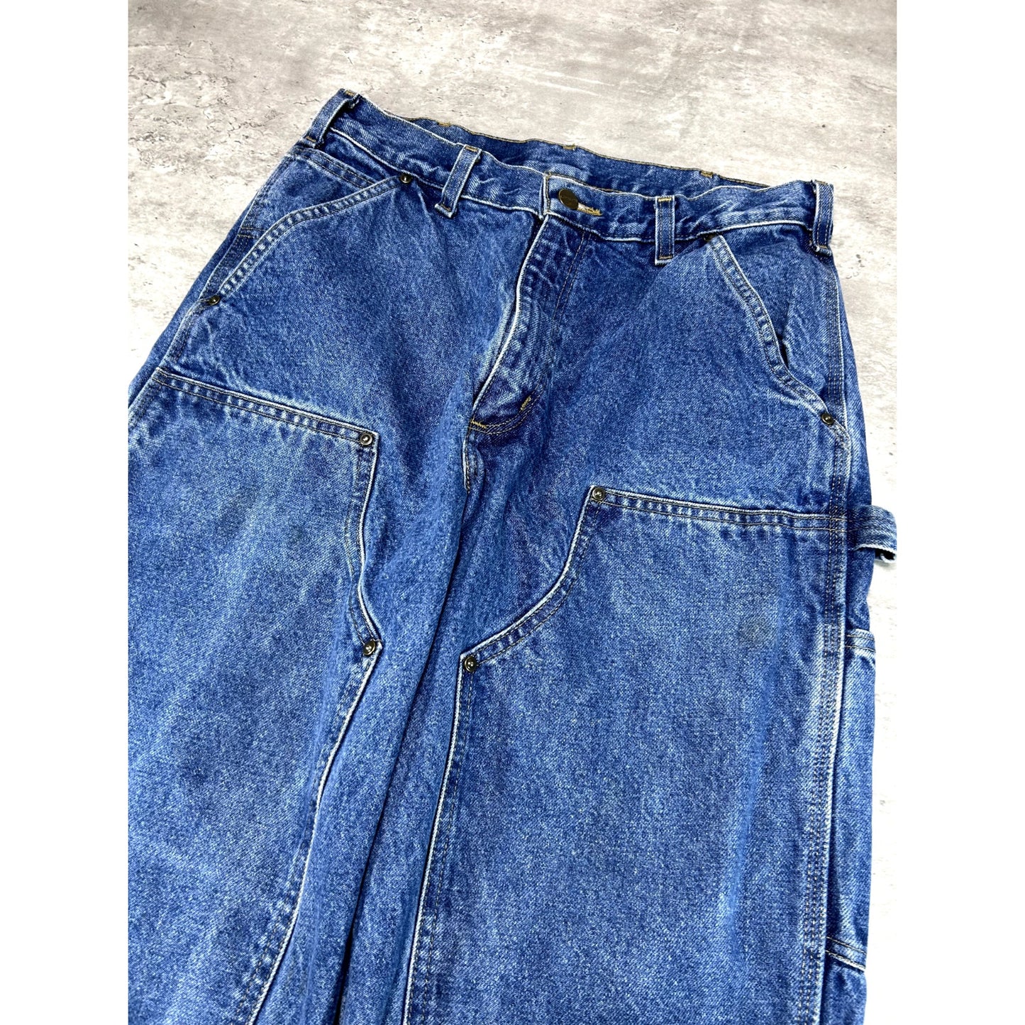 Vintage Carhartt Dark Wash Denim Work Wear Carpenter Double Knee Pants Size 30W
