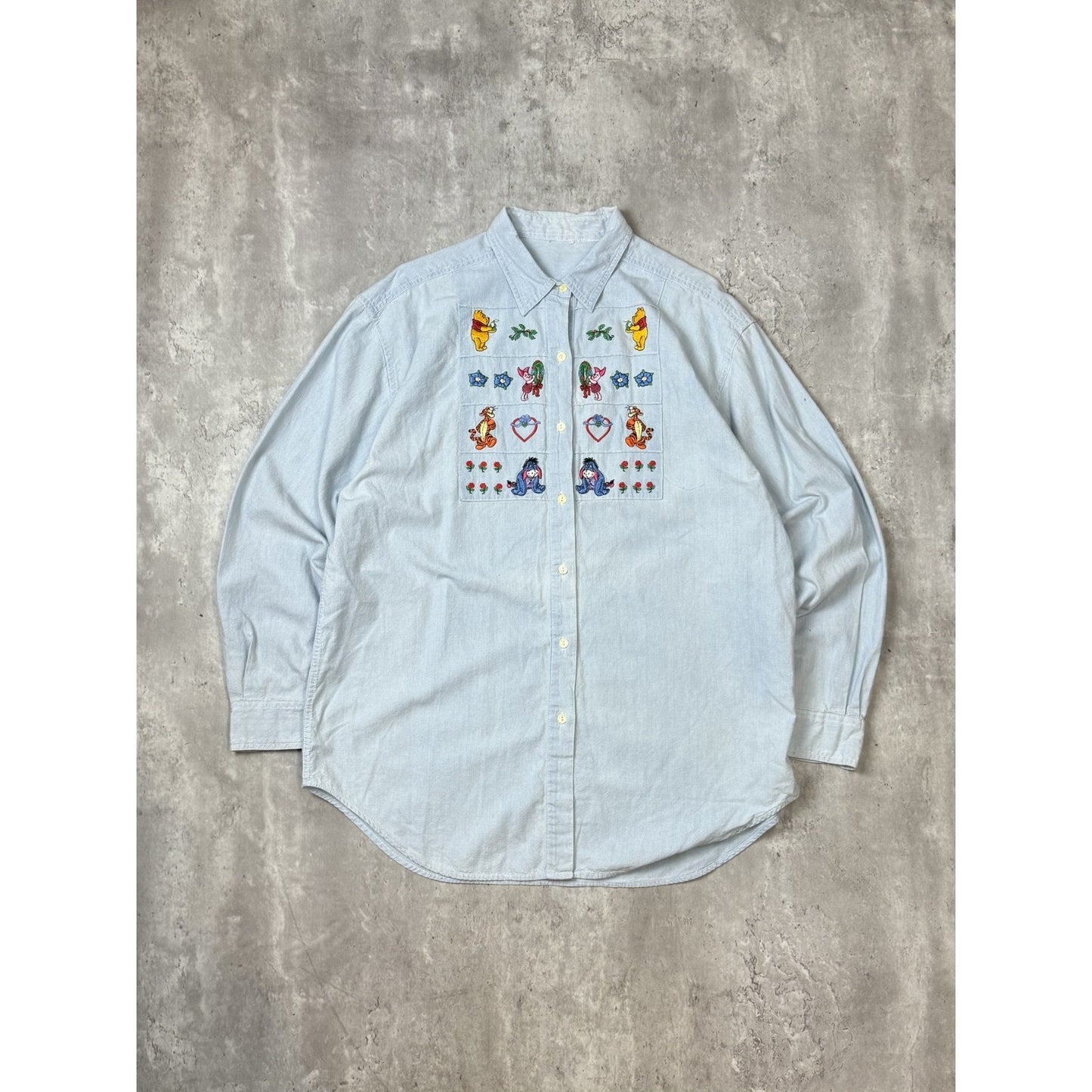 Vintage 90s Winnie The Pooh Embroidered Cartoon Denim Button Up Shirt Size Large