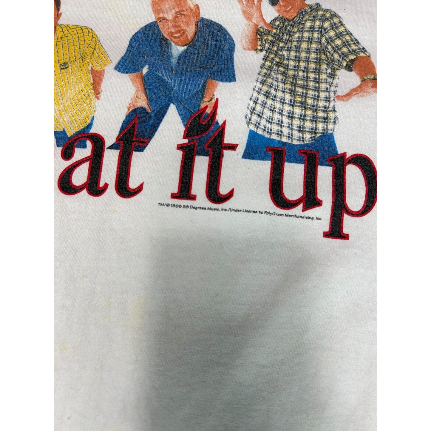 Vintage 1998 98 Degrees Heat It Up Pop Music Tour Graphic T-Shirt Size XL White