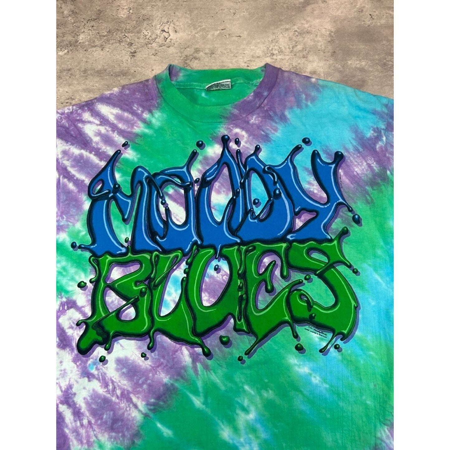 Vintage 1991 Moody Blues Tye Dye Graffiti Spellout Rock Music T-Shirt Size XL