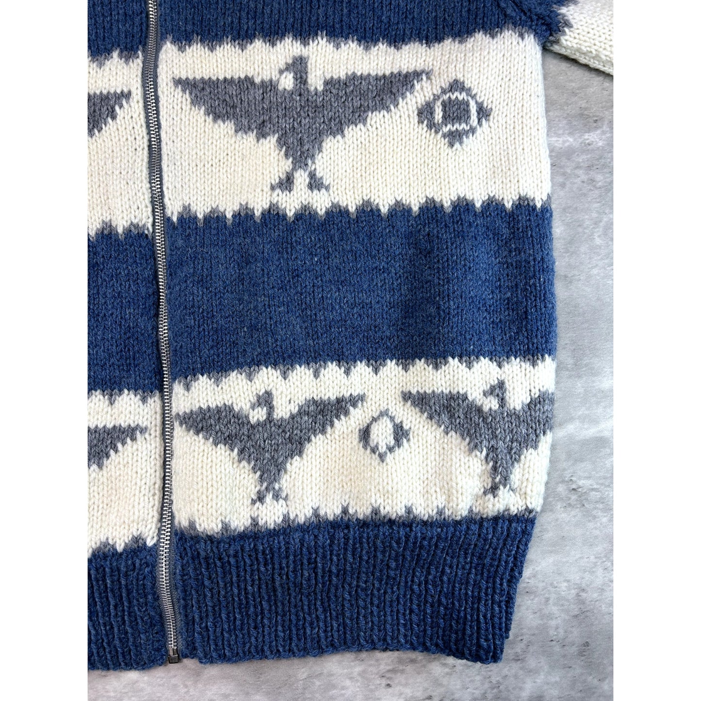 Vintage 80s Bird Print Striped Full Zip Collared Knit Sweater Size Large