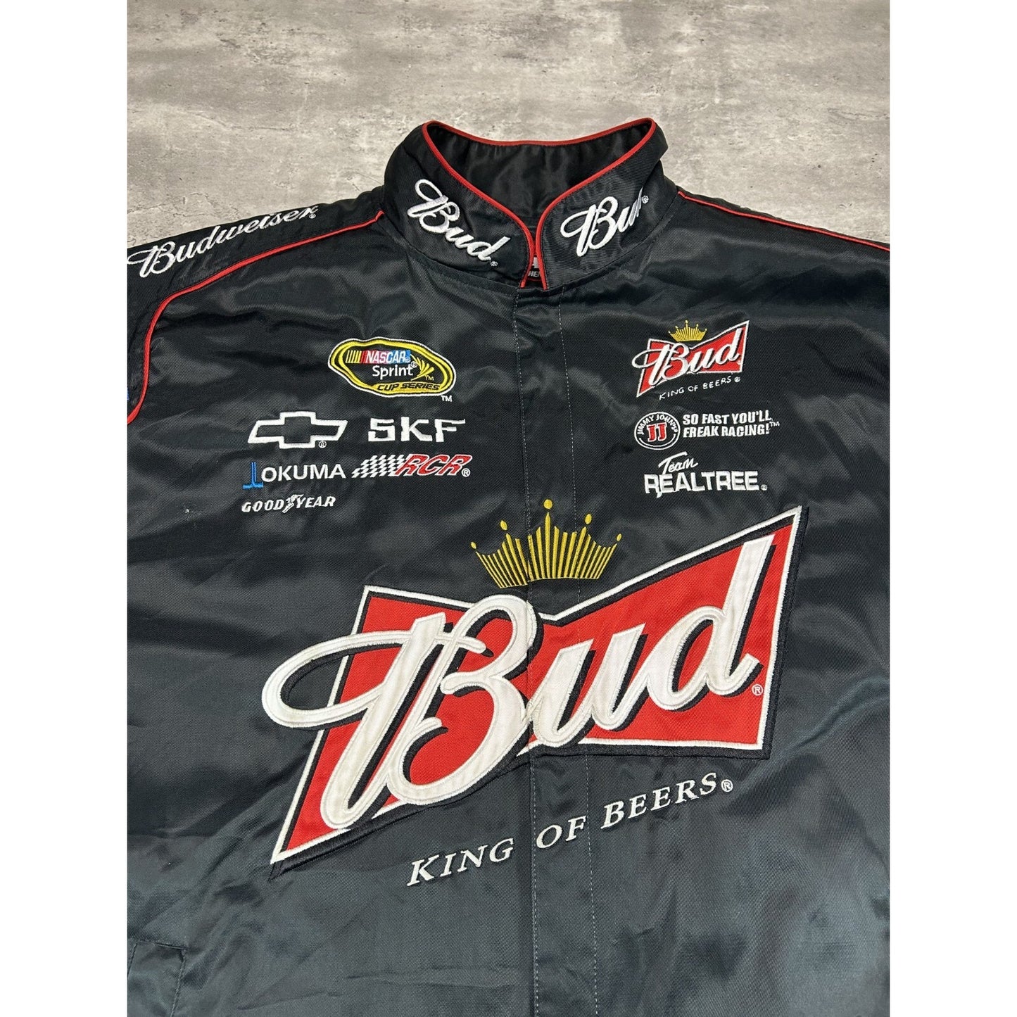 Vintage Nascar Budweiser King Of Beers Embroidered Racing Jacket Size 3XL Black