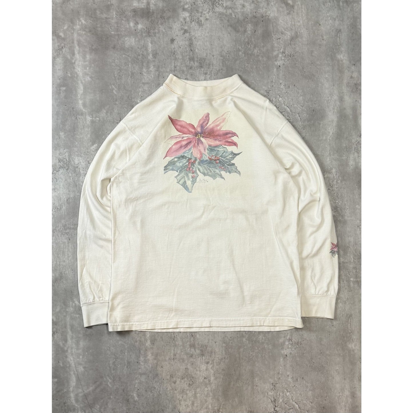 Vintage 90s Poinsettia Flower Nature Graphic Long Sleeve T-Shirt Size Large