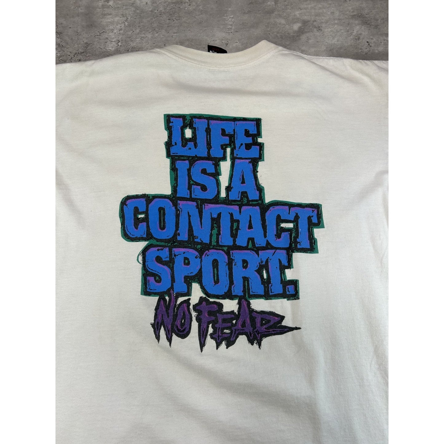 Vintage 90s No Fear Life Is A Contact Sport Spellout Slogan Graphic T-Shirt XL