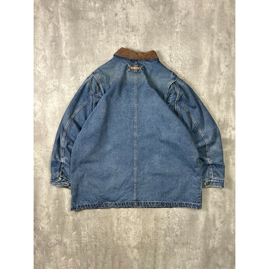 Vintage 90s RiverEdge Plaid Lined Light Wash Denim Workwear Chore Jacket Sz 2XL