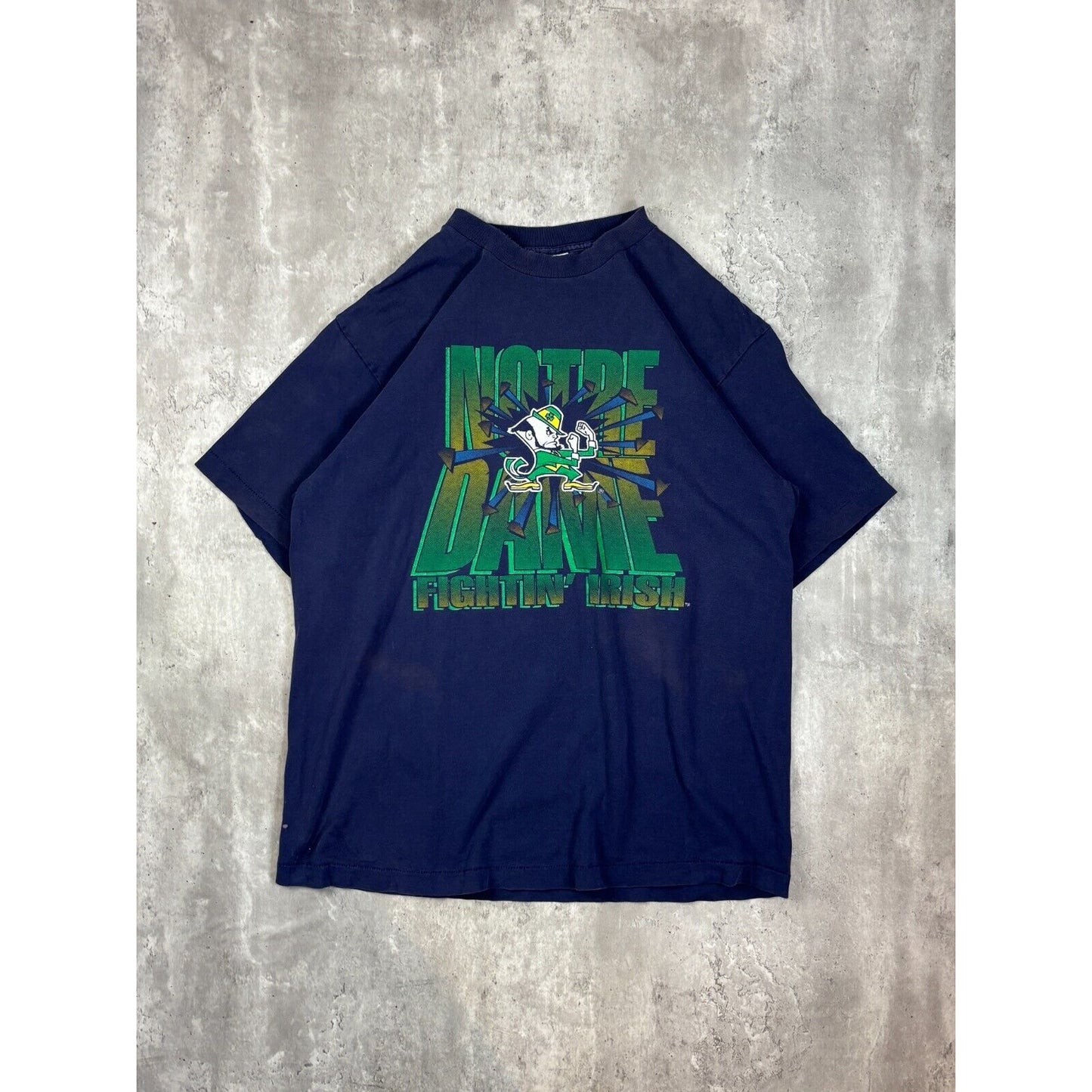 Vintage 90s Notre Dame Fighting Irish NCAA Spell Out T-Shirt Size XXL Blue