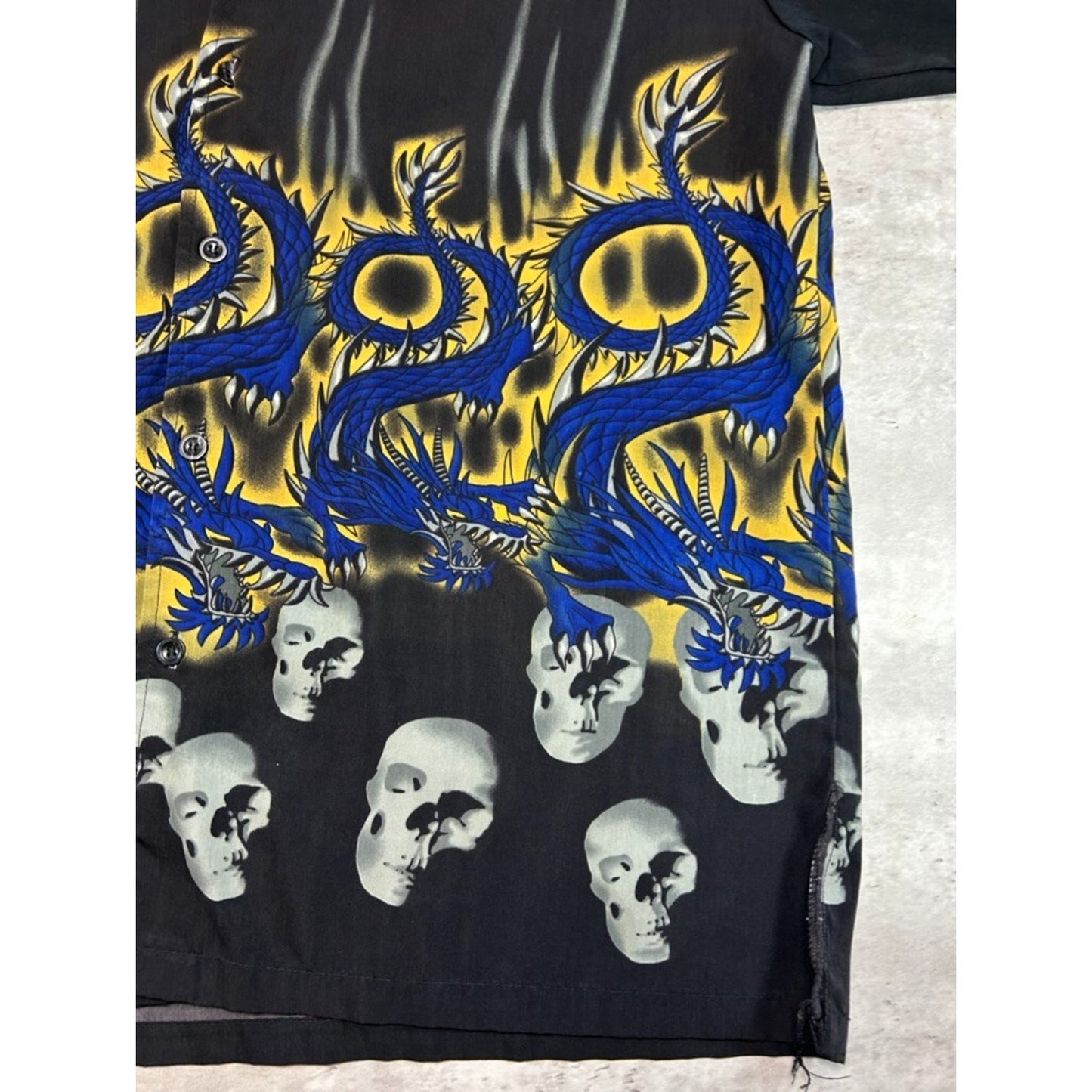 Vintage Y2K Dragon Skull Graphic All Over Print Button Up Shirt Size Large